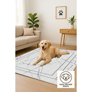 Pamuk Dokuma Taban Halı – Beyaz; Gri – Mermer Desen, Makinede Yıkanabilir, Kolay Temizlenebilir, Toz Ve Tüy Tutmaz, Kaymaz, Evcil Hayvan Dostu