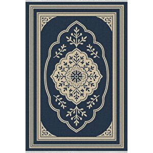 Pamuk Dokuma Taban Halı – Lacivert; Bej – Oriental Desen, Makinede Yıkanabilir, Kolay Temizlenebilir, Toz Ve Tüy Tutmaz, Kaymaz, Evcil Hayvan Dostu