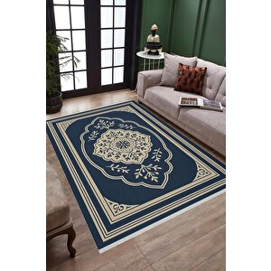 Pamuk Dokuma Taban Halı – Lacivert; Bej – Oriental Desen, Makinede Yıkanabilir, Kolay Temizlenebilir, Toz Ve Tüy Tutmaz, Kaymaz, Evcil Hayvan Dostu 80x150 cm