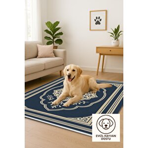 Pamuk Dokuma Taban Halı – Lacivert; Bej – Oriental Desen, Makinede Yıkanabilir, Kolay Temizlenebilir, Toz Ve Tüy Tutmaz, Kaymaz, Evcil Hayvan Dostu