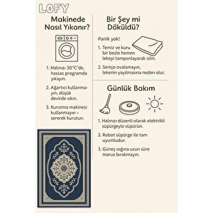 Pamuk Dokuma Taban Halı – Lacivert; Bej – Oriental Desen, Makinede Yıkanabilir, Kolay Temizlenebilir, Toz Ve Tüy Tutmaz, Kaymaz, Evcil Hayvan Dostu