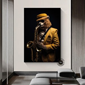 Saksafon Çalan Ayı Kanvas; Komik Hayvan Sanatı; Caz Temalı Dekor; Asmaya Hazır 60x120 cm