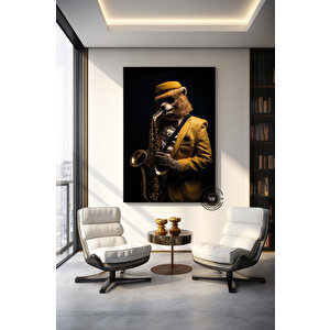 Saksafon Çalan Ayı Kanvas; Komik Hayvan Sanatı; Caz Temalı Dekor; Asmaya Hazır 60x120 cm