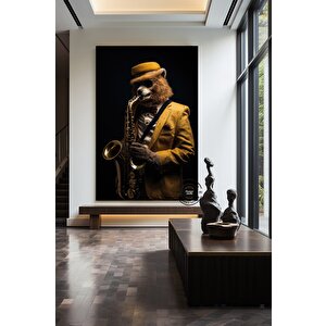 Saksafon Çalan Ayı Kanvas; Komik Hayvan Sanatı; Caz Temalı Dekor; Asmaya Hazır