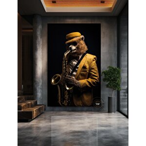 Saksafon Çalan Ayı Kanvas; Komik Hayvan Sanatı; Caz Temalı Dekor; Asmaya Hazır