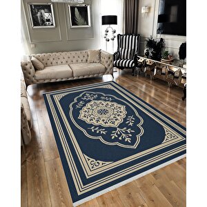 Pamuk Dokuma Taban Halı – Lacivert; Bej – Oriental Desen, Makinede Yıkanabilir, Kolay Temizlenebilir, Toz Ve Tüy Tutmaz, Kaymaz, Evcil Hayvan Dostu 120x180 cm