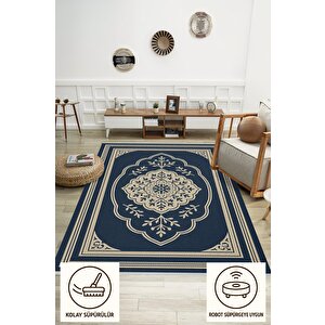 Pamuk Dokuma Taban Halı – Lacivert; Bej – Oriental Desen, Makinede Yıkanabilir, Kolay Temizlenebilir, Toz Ve Tüy Tutmaz, Kaymaz, Evcil Hayvan Dostu