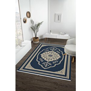 Pamuk Dokuma Taban Halı – Lacivert; Bej – Oriental Desen, Makinede Yıkanabilir, Kolay Temizlenebilir, Toz Ve Tüy Tutmaz, Kaymaz, Evcil Hayvan Dostu