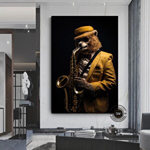 Saksafon Çalan Ayı Kanvas; Komik Hayvan Sanatı; Caz Temalı Dekor; Asmaya Hazır
