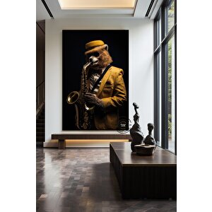 Saksafon Çalan Ayı Kanvas; Komik Hayvan Sanatı; Caz Temalı Dekor; Asmaya Hazır