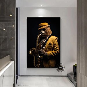 Saksafon Çalan Ayı Kanvas; Komik Hayvan Sanatı; Caz Temalı Dekor; Asmaya Hazır 100x150 cm