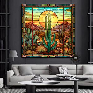 Saguaro Kaktüs Duvar Sanatı, Cam Mozaik Tarzı Sonoran Arizona Çölü Tablosu Kanvas Baskı 40x40 cm