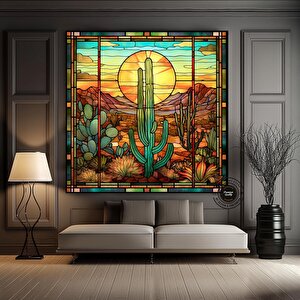Saguaro Kaktüs Duvar Sanatı, Cam Mozaik Tarzı Sonoran Arizona Çölü Tablosu Kanvas Baskı 40x40 cm