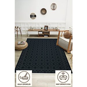 Yıkanabilir Salon Halısı – Siyah; Gri – Geometric Desen, Makinede Yıkanabilir, Kolay Temizlenebilir, Toz Ve Tüy Tutmaz, Kaymaz, Evcil Hayvan Dostu