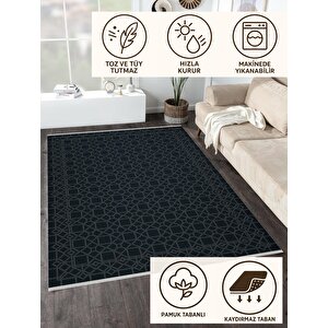 Yıkanabilir Salon Halısı – Siyah; Gri – Geometric Desen, Makinede Yıkanabilir, Kolay Temizlenebilir, Toz Ve Tüy Tutmaz, Kaymaz, Evcil Hayvan Dostu 100x180 cm