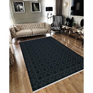Yıkanabilir Salon Halısı – Siyah; Gri – Geometric Desen, Makinede Yıkanabilir, Kolay Temizlenebilir, Toz Ve Tüy Tutmaz, Kaymaz, Evcil Hayvan Dostu