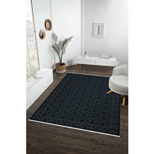 Yıkanabilir Salon Halısı – Siyah; Gri – Geometric Desen, Makinede Yıkanabilir, Kolay Temizlenebilir, Toz Ve Tüy Tutmaz, Kaymaz, Evcil Hayvan Dostu 120x180 cm
