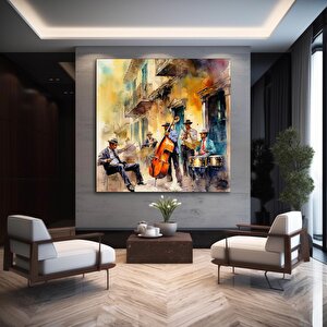 Caz Müzisyeni Suluboya Kanvas Duvar Sanatı, Kanvas Tablo, Caz Grubu Kanvas Tablosu 30x30 cm