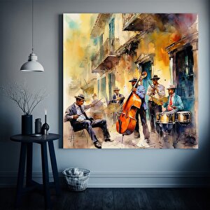 Caz Müzisyeni Suluboya Kanvas Duvar Sanatı, Kanvas Tablo, Caz Grubu Kanvas Tablosu