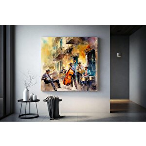Caz Müzisyeni Suluboya Kanvas Duvar Sanatı, Kanvas Tablo, Caz Grubu Kanvas Tablosu