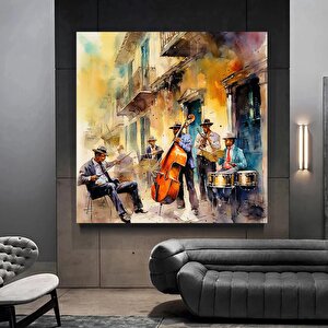 Caz Müzisyeni Suluboya Kanvas Duvar Sanatı, Kanvas Tablo, Caz Grubu Kanvas Tablosu 40x40 cm