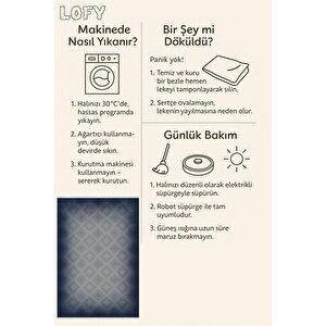 Pamuk Dokuma Taban Halı – Lacivert; Gri – Geometrik Desen, Makinede Yıkanabilir, Kolay Temizlenebilir, Toz Ve Tüy Tutmaz, Kaymaz, Evcil Hayvan Dostu