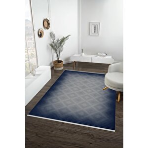 Pamuk Dokuma Taban Halı – Lacivert; Gri – Geometrik Desen, Makinede Yıkanabilir, Kolay Temizlenebilir, Toz Ve Tüy Tutmaz, Kaymaz, Evcil Hayvan Dostu