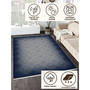 Pamuk Dokuma Taban Halı – Lacivert; Gri – Geometrik Desen, Makinede Yıkanabilir, Kolay Temizlenebilir, Toz Ve Tüy Tutmaz, Kaymaz, Evcil Hayvan Dostu 160x180 cm