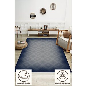 Pamuk Dokuma Taban Halı – Lacivert; Gri – Geometrik Desen, Makinede Yıkanabilir, Kolay Temizlenebilir, Toz Ve Tüy Tutmaz, Kaymaz, Evcil Hayvan Dostu