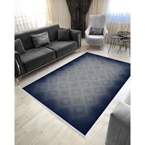 Pamuk Dokuma Taban Halı – Lacivert; Gri – Geometrik Desen, Makinede Yıkanabilir, Kolay Temizlenebilir, Toz Ve Tüy Tutmaz, Kaymaz, Evcil Hayvan Dostu 160x350 cm