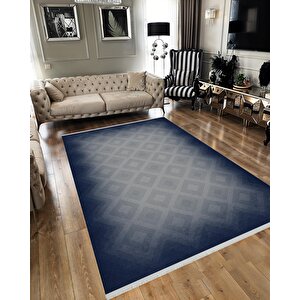 Pamuk Dokuma Taban Halı – Lacivert; Gri – Geometrik Desen, Makinede Yıkanabilir, Kolay Temizlenebilir, Toz Ve Tüy Tutmaz, Kaymaz, Evcil Hayvan Dostu 160x350 cm
