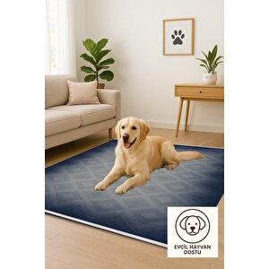 Pamuk Dokuma Taban Halı – Lacivert; Gri – Geometrik Desen, Makinede Yıkanabilir, Kolay Temizlenebilir, Toz Ve Tüy Tutmaz, Kaymaz, Evcil Hayvan Dostu