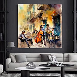 Caz Müzisyeni Suluboya Kanvas Duvar Sanatı, Kanvas Tablo, Caz Grubu Kanvas Tablosu 50x50 cm