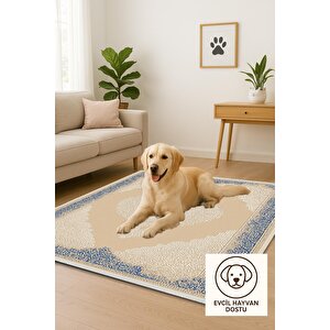 Pamuk Dokuma Taban Halı – Bej; Lacivert – Oriental Desen, Makinede Yıkanabilir, Kolay Temizlenebilir, Toz Ve Tüy Tutmaz, Kaymaz, Evcil Hayvan Dostu