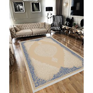 Pamuk Dokuma Taban Halı – Bej; Lacivert – Oriental Desen, Makinede Yıkanabilir, Kolay Temizlenebilir, Toz Ve Tüy Tutmaz, Kaymaz, Evcil Hayvan Dostu 160x230 cm