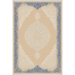 Pamuk Dokuma Taban Halı – Bej; Lacivert – Oriental Desen, Makinede Yıkanabilir, Kolay Temizlenebilir, Toz Ve Tüy Tutmaz, Kaymaz, Evcil Hayvan Dostu 120x180 cm