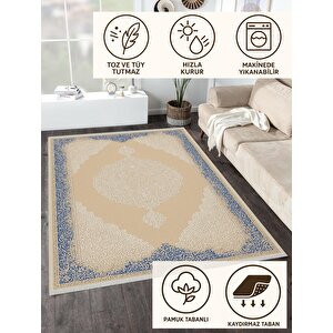 Pamuk Dokuma Taban Halı – Bej; Lacivert – Oriental Desen, Makinede Yıkanabilir, Kolay Temizlenebilir, Toz Ve Tüy Tutmaz, Kaymaz, Evcil Hayvan Dostu 120x180 cm