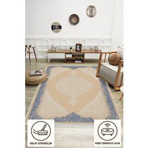 Pamuk Dokuma Taban Halı – Bej; Lacivert – Oriental Desen, Makinede Yıkanabilir, Kolay Temizlenebilir, Toz Ve Tüy Tutmaz, Kaymaz, Evcil Hayvan Dostu