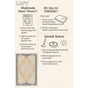 Pamuk Dokuma Taban Halı – Bej; Lacivert – Oriental Desen, Makinede Yıkanabilir, Kolay Temizlenebilir, Toz Ve Tüy Tutmaz, Kaymaz, Evcil Hayvan Dostu