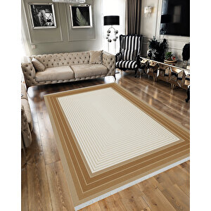 Pamuk Dokuma Taban Halı – Krem; Kahverengi; Bej – Geometrik Desen, Makinede Yıkanabilir, Kolay Temizlenebilir, Toz Ve Tüy Tutmaz, Kaymaz, Evcil Hayvan Dostu