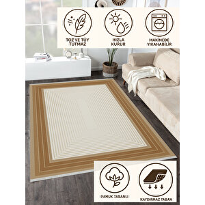 Pamuk Dokuma Taban Halı – Krem; Kahverengi; Bej – Geometrik Desen, Makinede Yıkanabilir, Kolay Temizlenebilir, Toz Ve Tüy Tutmaz, Kaymaz, Evcil Hayvan Dostu