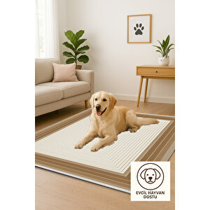 Pamuk Dokuma Taban Halı – Krem; Kahverengi; Bej – Geometrik Desen, Makinede Yıkanabilir, Kolay Temizlenebilir, Toz Ve Tüy Tutmaz, Kaymaz, Evcil Hayvan Dostu