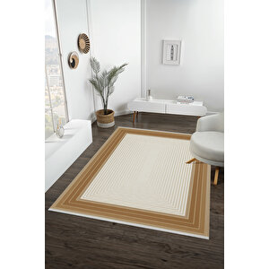 Pamuk Dokuma Taban Halı – Krem; Kahverengi; Bej – Geometrik Desen, Makinede Yıkanabilir, Kolay Temizlenebilir, Toz Ve Tüy Tutmaz, Kaymaz, Evcil Hayvan Dostu 150x300 cm