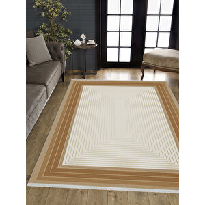 Pamuk Dokuma Taban Halı – Krem; Kahverengi; Bej – Geometrik Desen, Makinede Yıkanabilir, Kolay Temizlenebilir, Toz Ve Tüy Tutmaz, Kaymaz, Evcil Hayvan Dostu 160x230 cm