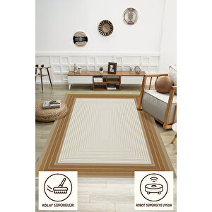 Pamuk Dokuma Taban Halı – Krem; Kahverengi; Bej – Geometrik Desen, Makinede Yıkanabilir, Kolay Temizlenebilir, Toz Ve Tüy Tutmaz, Kaymaz, Evcil Hayvan Dostu