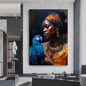 Afrikalı Kadın Ve Papağan Kanvas Tablosu, Doku Verilmiş Kanvas Baskı, Etnik Kadın Duvar Sanatı 90x150 cm