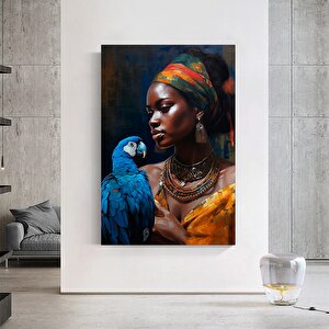 Afrikalı Kadın Ve Papağan Kanvas Tablosu, Doku Verilmiş Kanvas Baskı, Etnik Kadın Duvar Sanatı