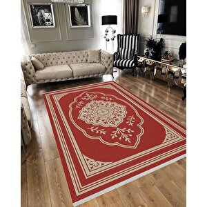 Pamuk Dokuma Taban Halı – Kırmızı; Bej – Oriental Desen, Makinede Yıkanabilir, Kolay Temizlenebilir, Toz Ve Tüy Tutmaz, Kaymaz, Evcil Hayvan Dostu 80x150 cm