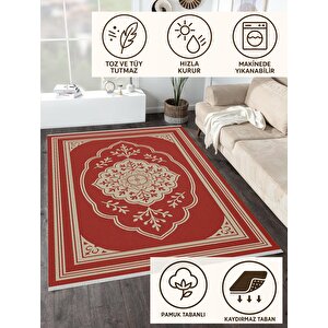 Pamuk Dokuma Taban Halı – Kırmızı; Bej – Oriental Desen, Makinede Yıkanabilir, Kolay Temizlenebilir, Toz Ve Tüy Tutmaz, Kaymaz, Evcil Hayvan Dostu