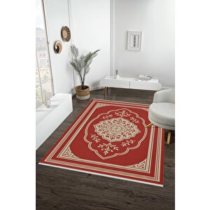 Pamuk Dokuma Taban Halı – Kırmızı; Bej – Oriental Desen, Makinede Yıkanabilir, Kolay Temizlenebilir, Toz Ve Tüy Tutmaz, Kaymaz, Evcil Hayvan Dostu